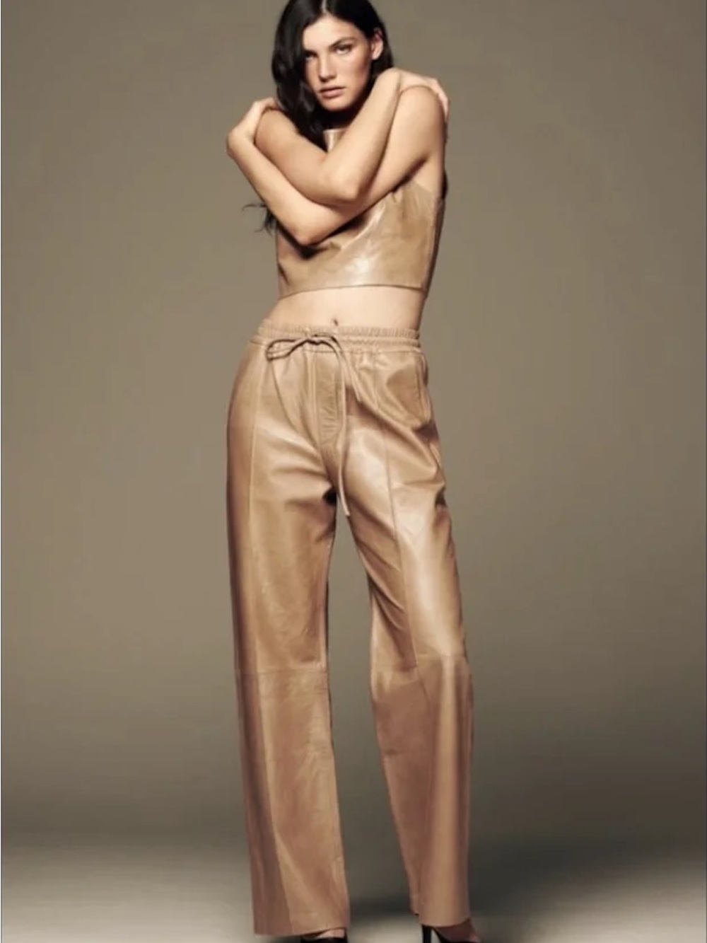 Zara Tan Leather Drawstring Wide-Leg Pants